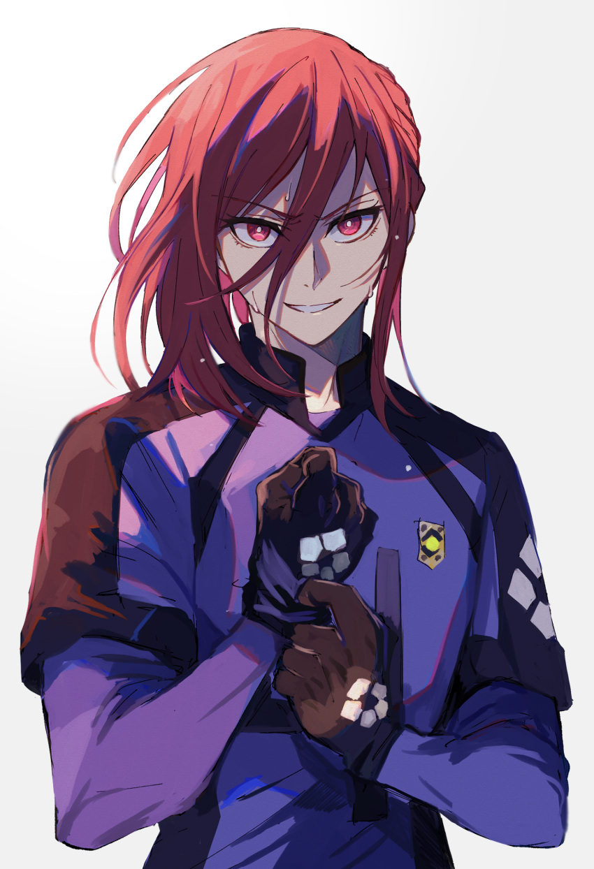 1boy, adjusting_clothes, adjusting_gloves, androgynous, black_gloves, blue_lock, chigiri_hyoma, clenched_hand