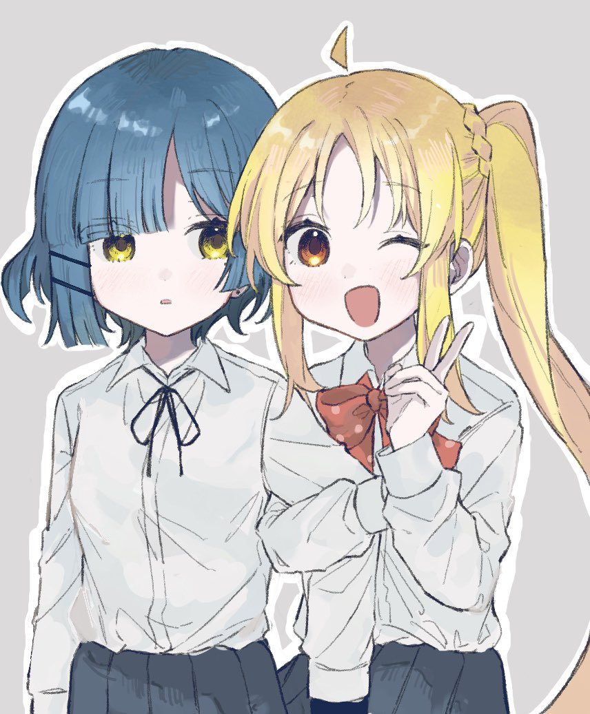 2girls, :d, arm_hug, asymmetrical_hair, blonde_hair, blue_hair, blue_skirt, bocchi_the_rock!