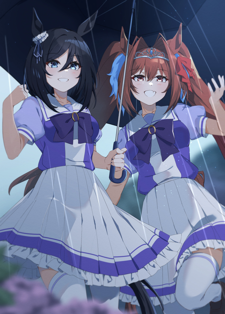 2girls, absurdres, animal_ears, antenna_hair, black_hair, black_umbrella, blue_eyes, blurry