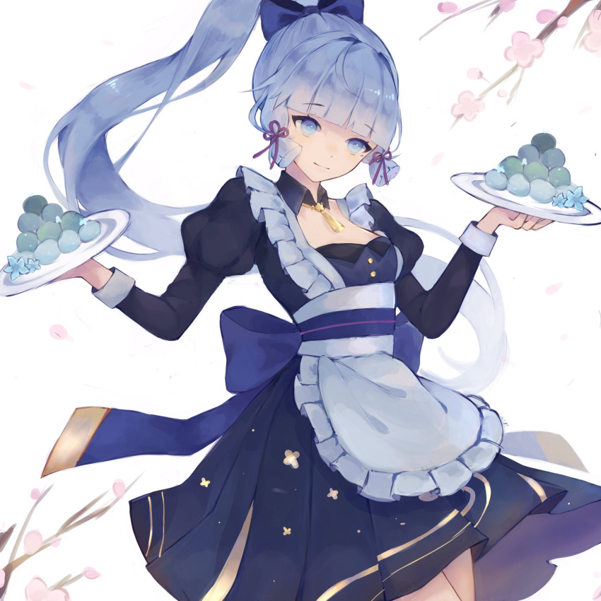 1girl, alternate_costume, apron, black_collar, black_skirt, blue_eyes, blue_flower, blue_hair