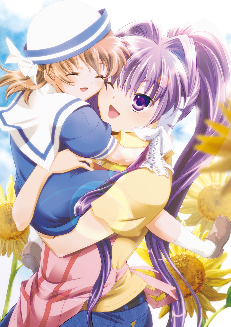 2girls, brown_hair, carrying, clannad, closed_eyes, flower, fujibayashi_kyou, hat