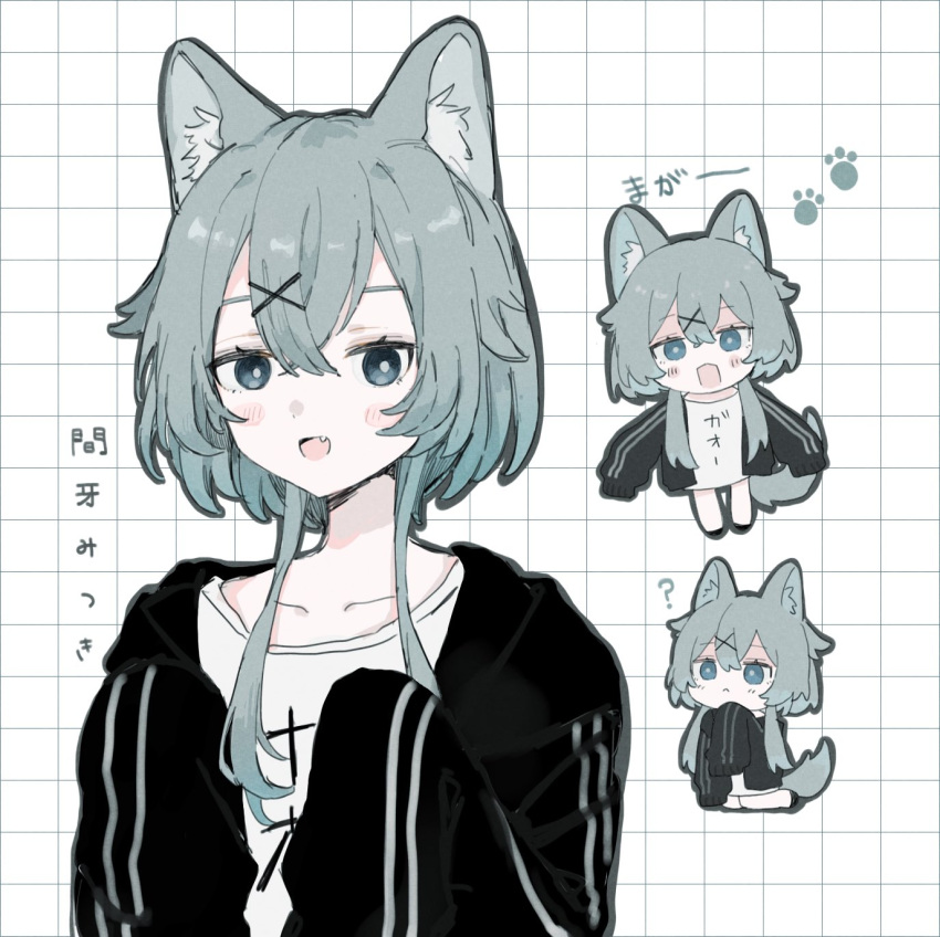 1girl, :<, ?, animal_ears, aqua_eyes, black_jacket, bright_pupils, chibi, collarbone, crossed_bangs, fang, grey_hair, grey_tail, grid_background, hair_between_eyes, hair_ornament, hairclip, highres, indie_virtual_youtuber, jacket, looking_at_viewer, maga_mitsuki, moga_(ponco_gris), multiple_views, open_clothes, open_jacket, open_mouth, oversized_clothes, oversized_shirt, paw_print, shirt, short_hair_with_long_locks, simple_background, sleeves_past_fingers, sleeves_past_wrists, smile, solo, tail, translation_request, upper_body, white_pupils, white_shirt, wolf_ears, wolf_girl, wolf_tail