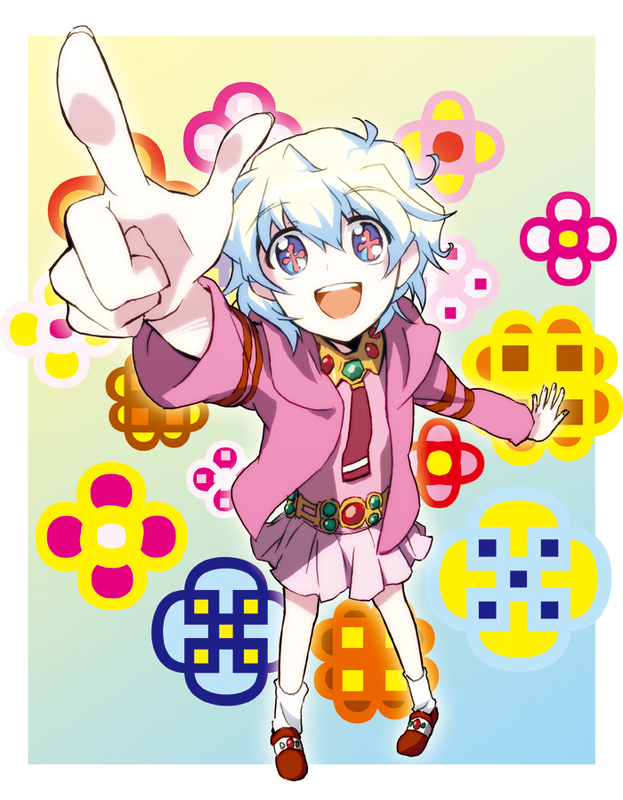 dress, from_above, izumi_(sachikara), multicolored_hair, nia_teppelin, pink_dress, pointing, short_hair