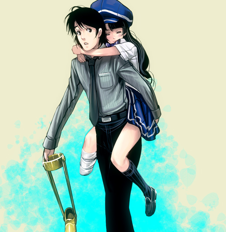 bandages, belt, black_hair, blush, cabbie_hat, carrying, closed_eyes, girl_with_golden_shoe