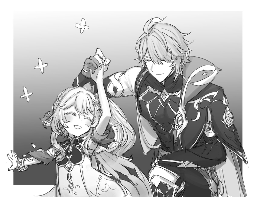 1boy, 1girl, :d, ahoge, antenna_hair, arm_up, armlet, asymmetrical_sidelocks