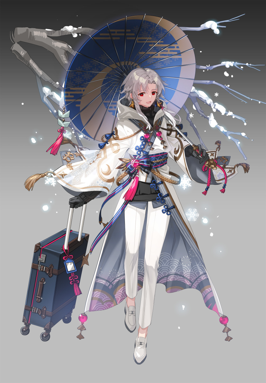 1boy, :d, absurdres, alternate_costume, black_gloves, black_sweater, blue_bow, blue_sash