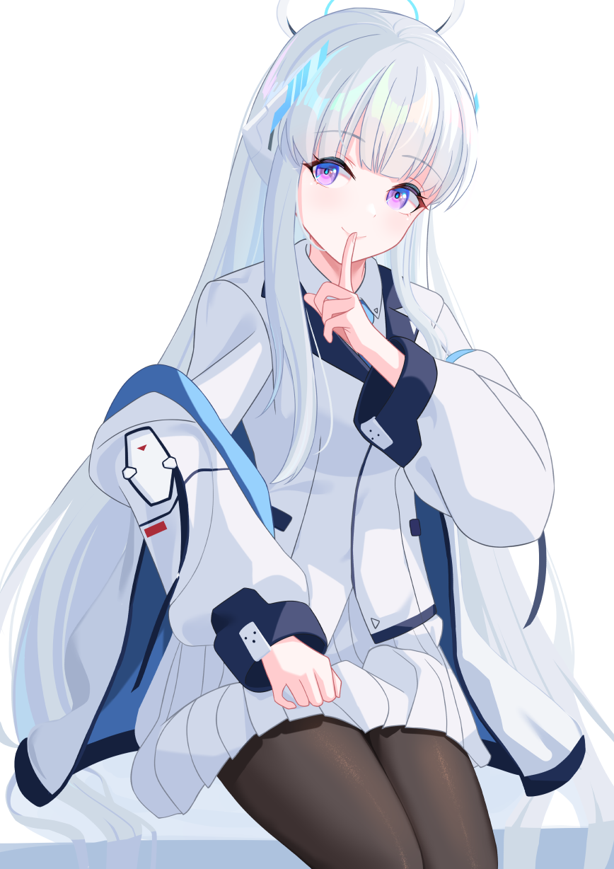 1girl, blue_archive, blunt_bangs, breasts, commentary_request, finger_to_mouth, grey_hair, hair_ornament