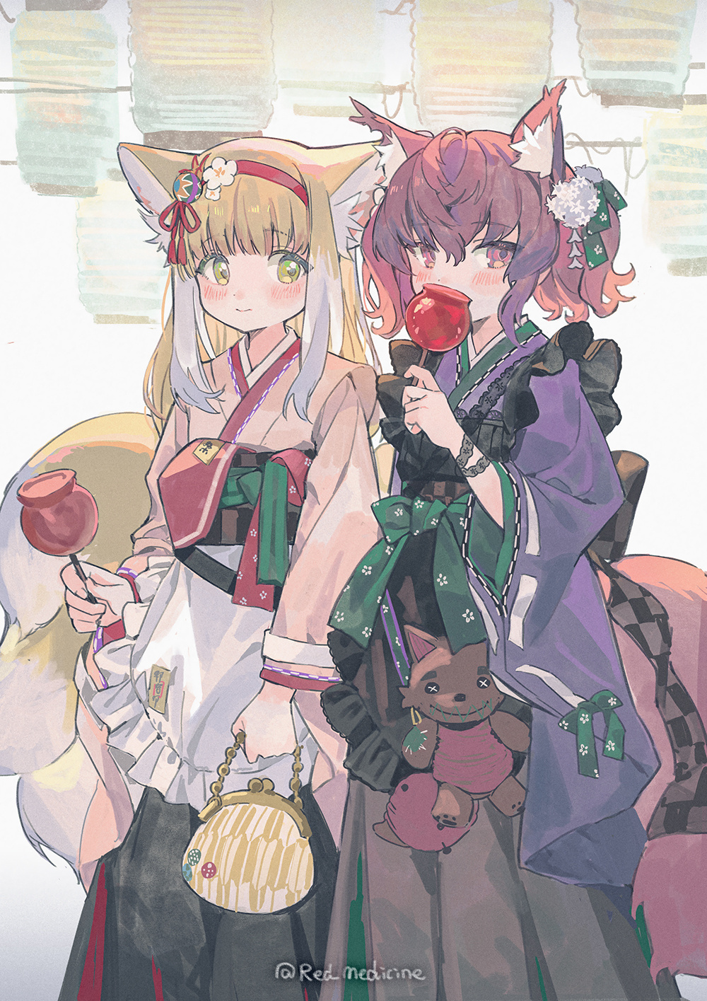 2girls, alternate_costume, animal_ear_fluff, animal_ears, apron, arknights, artist_name, bag