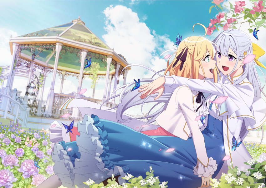 2girls, absurdres, anisphia_wynn_palettia, blonde_hair, blue_hair, blush, braid, breasts