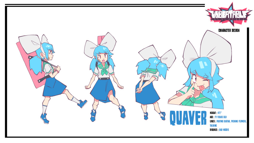 1girl, :o, ;p, bandaid, bandaid_on_face, blue_footwear, blue_hair, bow, character_profile, female_child, guitar_case, highres, instrument_case, multicolored_hair, non-web_source, official_art, one_eye_closed, pink_eyes, profile, quaver_(unbeatable), reference_sheet, school_uniform, serafuku, skirt, socks, streaked_hair, tongue, tongue_out, unbeatable, white_background, white_socks