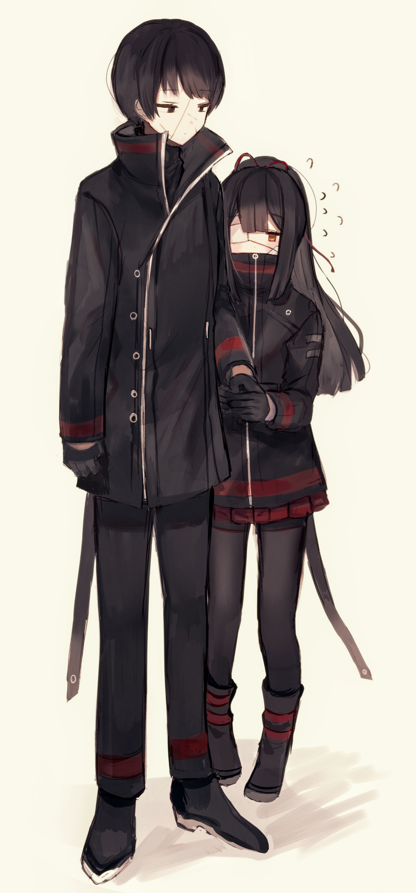 2girls, absurdres, black_eyes, black_footwear, black_gloves, black_hair, black_jacket, black_pants