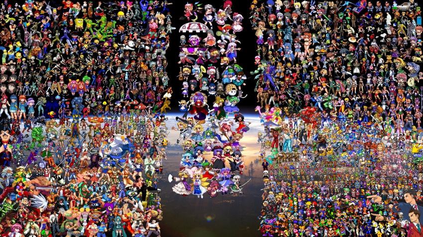 bugs_bunny, capcom, cartoons, character_request, chen, crossover, daffy_duck, hakurei_reimu, hong_meiling, kirisame_marisa, konami, looney_tunes, nintendo, patchouli_knowledge, peanuts, pixel, sega, snk, snoopy, touhou, yakumo_ran