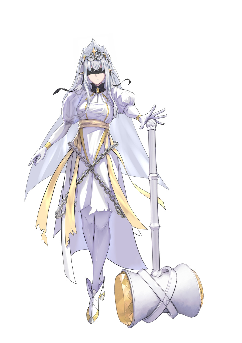 1girl, absurdres, black_blindfold, blindfold, brooch, chain, crossed_bangs, dress