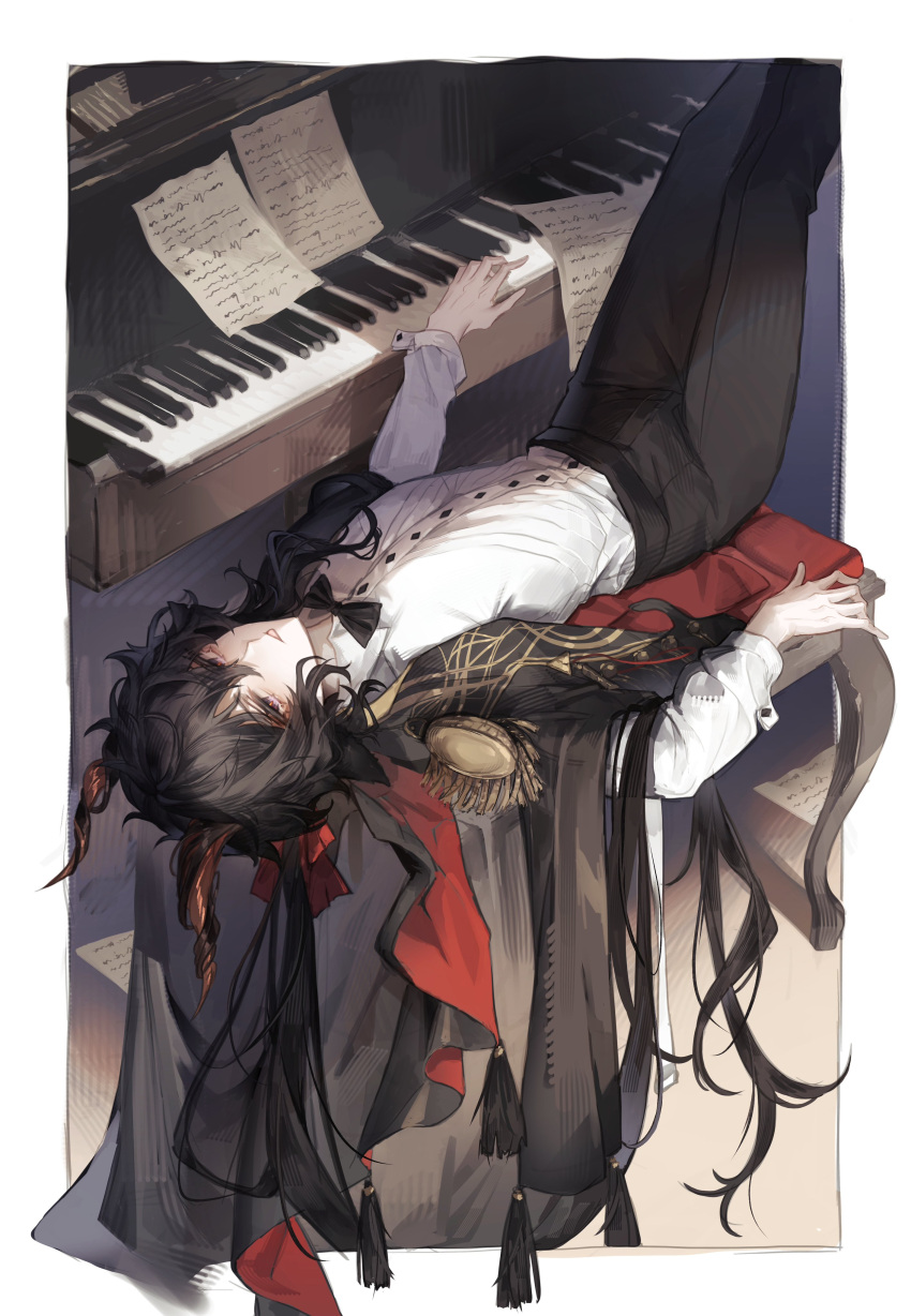 1boy, absurdres, animal_ears, arknights, black_bow, black_bowtie, black_cloak, black_hair