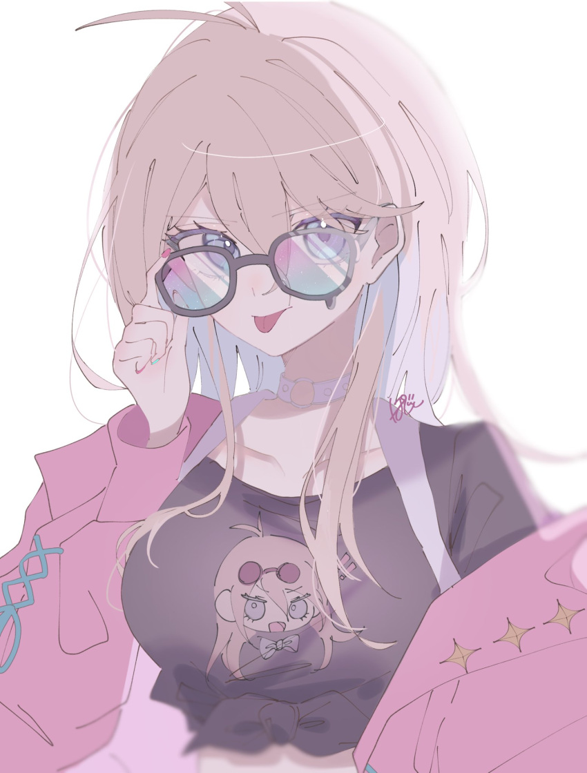 1girl, alternate_costume, antenna_hair, bespectacled, black_shirt, blonde_hair, character_print, choker