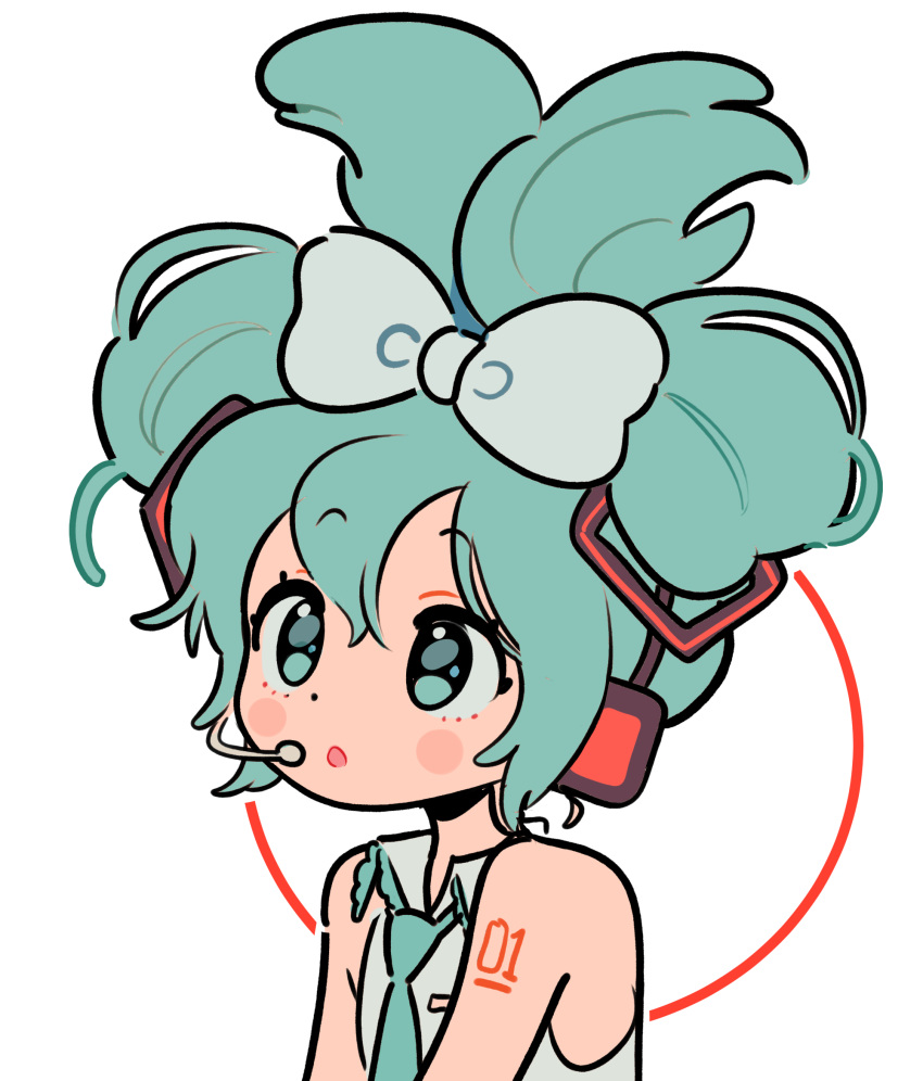 1girl, aqua_bow, aqua_eyes, aqua_hair, aqua_necktie, bare_shoulders, bow, cinnamiku