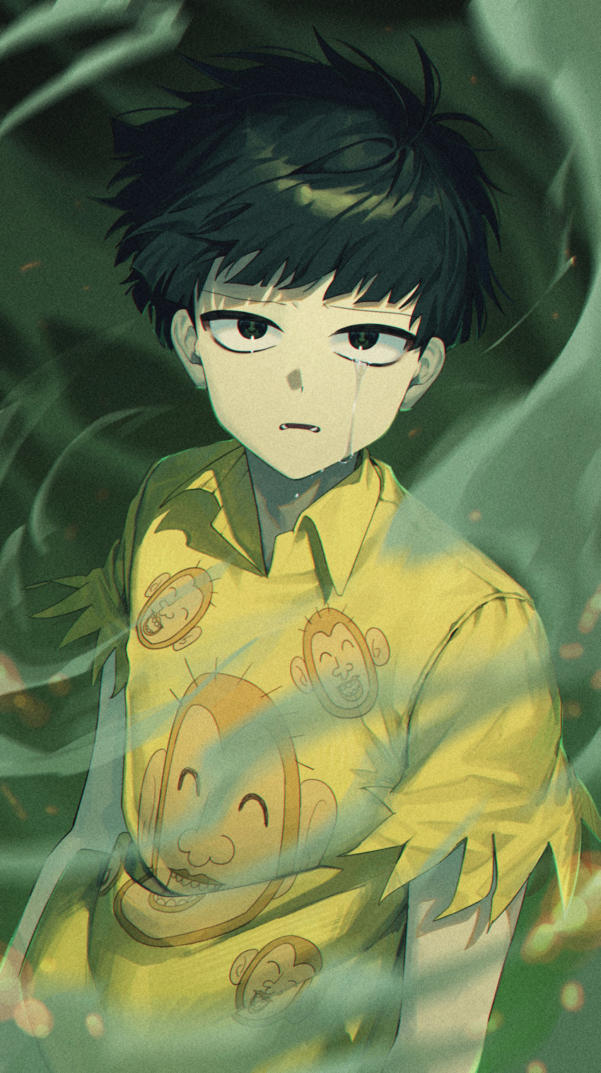 1boy, 1didi11di, absurdres, animal_print, arms_at_sides, black_hair, bowl_cut, collared_shirt