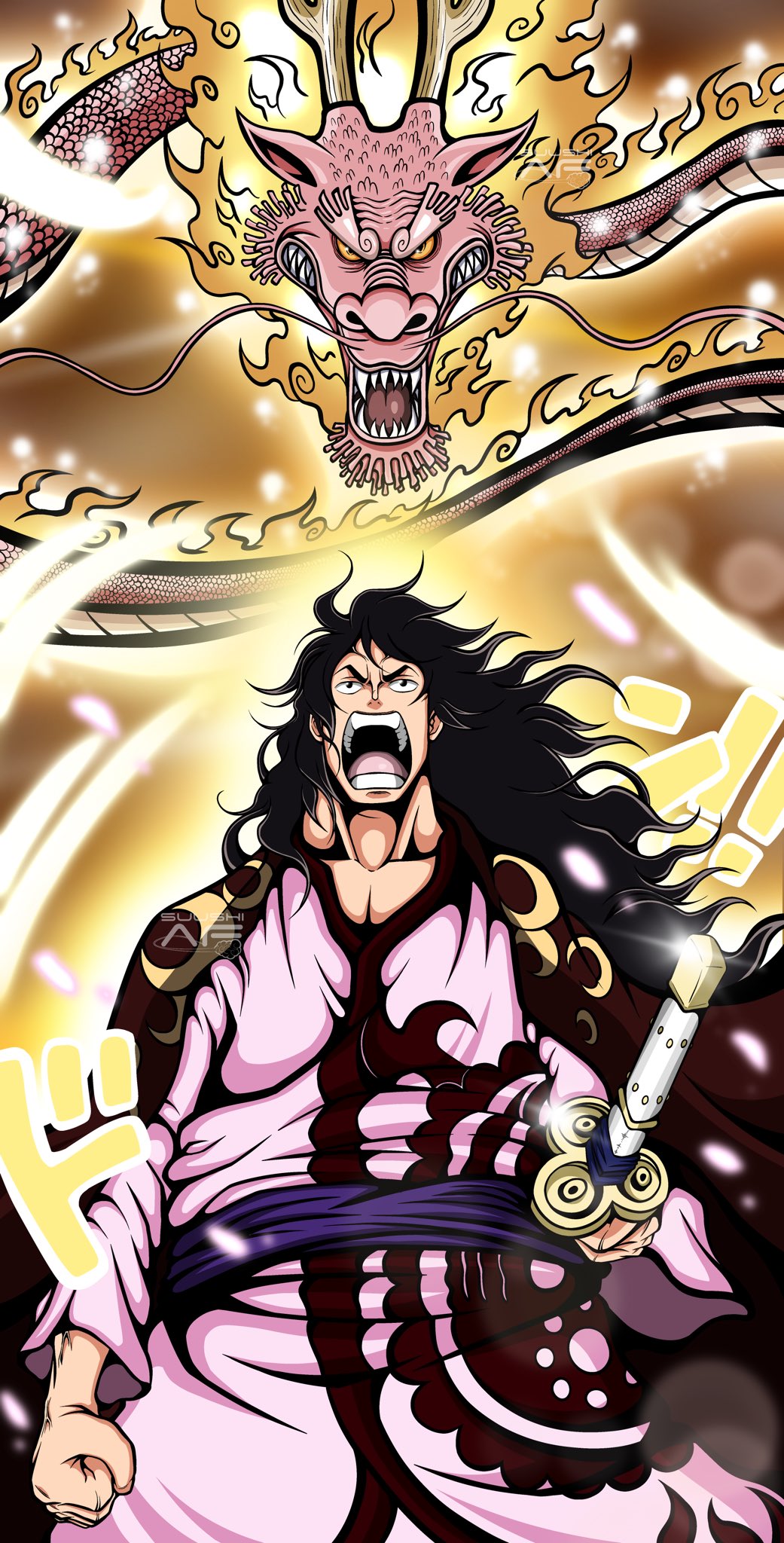 1boy, black_eyes, black_hair, clenched_hand, dragon, highres, holding, holding_sword, holding_weapon, japanese_clothes, katana, long_hair, looking_at_viewer, momonosuke_(one_piece), moon_(symbol), one_piece, open_mouth, solo, suushiaf, sword, teeth, weapon