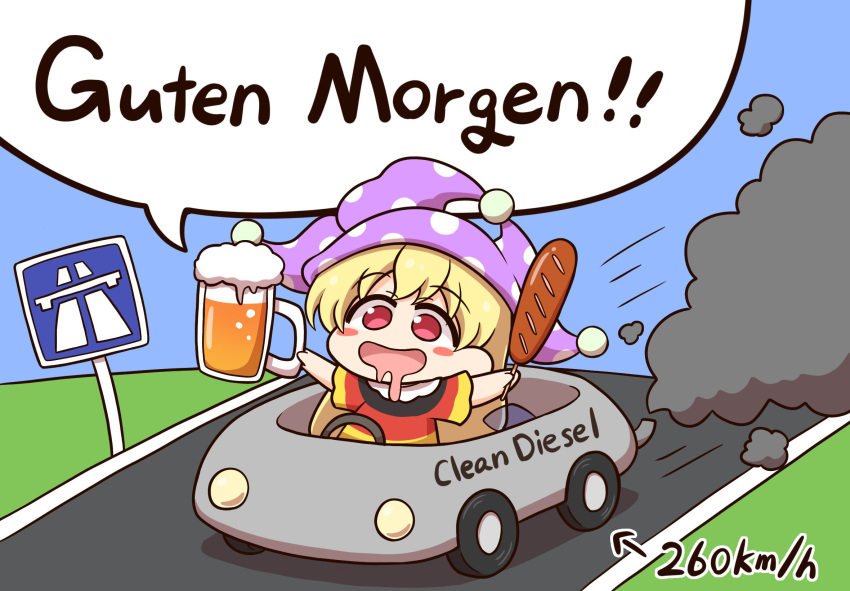 !, !!, 1girl, alcohol, arrow_(symbol), autobahn, beer, beer_mug