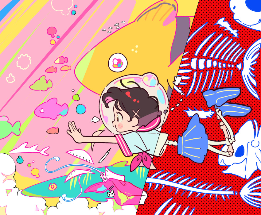 1girl, absurdres, air_bubble, blue_footwear, blue_skirt, brown_eyes, brown_hair, bubble