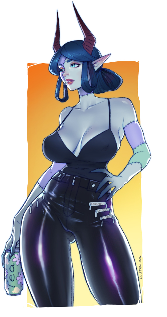 big_breasts, blue_eyes, clothed, color, colored, dark_hair, digital_media_(artwork), elf_ears, female, galbreak, green_eyes, horns, isabelle_(galbreak), latex, louten, original_artwork, original_character, pointy_ears, standing, thick_thighs