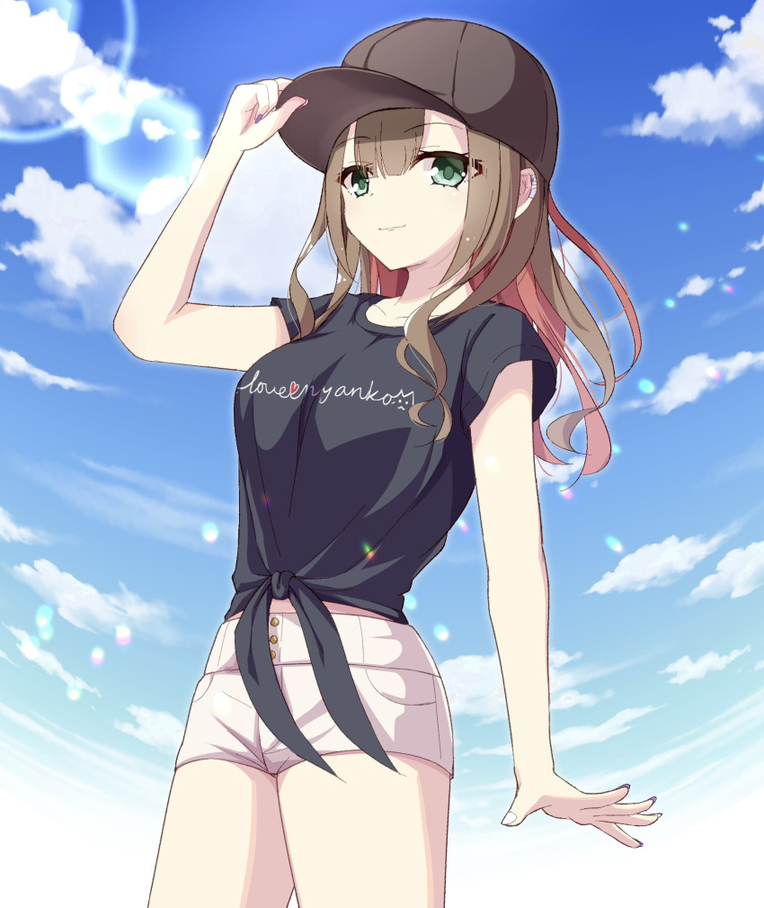 1girl, bare_arms, black_shirt, blue_sky, breasts, brown_hair, brown_headwear, closed_mouth