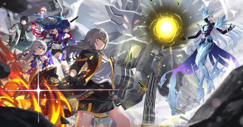 1boy, 5girls, ahoge, aiming, bare_shoulders, black_gloves, black_hair, black_jacket, black_shirt, black_shorts, black_skirt, blue_hair, blue_scarf, blue_skirt, bow_(weapon), breasts, bronya_rand, chinese_clothes, closed_mouth, coat, cocolia_rand, crown, cruzvu, dan_heng_(honkai:_star_rail), detached_sleeves, earrings, english_commentary, fighting, fighting_stance, fire, gloves, grey_eyes, grey_hair, high_heels, highres, holding, holding_scythe, holding_weapon, honkai:_star_rail, honkai_(series), jacket, jewelry, long_hair, making-of_available, march_7th_(honkai:_star_rail), medium_breasts, medium_hair, multiple_girls, open_clothes, open_coat, open_jacket, open_mouth, orb, outdoors, pants, pink_hair, red_armband, robot, scarf, scythe, seele_(honkai:_star_rail), shirt, short_hair, short_shorts, shorts, skirt, smile, snow, spoilers, stelle_(honkai:_star_rail), thigh_strap, trailblazer_(honkai:_star_rail), weapon, white_coat, white_sleeves, yellow_eyes