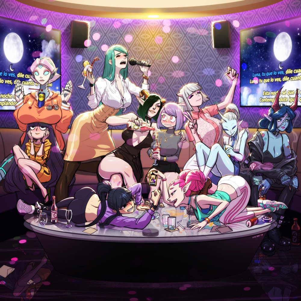 android, ashai_(galbreak), ass, big_breasts, black_hair, blue_hair, cleavage, clothed, color, colored, cyan_(galbreak), dress, drinking, fighting, galbreak, green_hair, high_heels, horn, horns, isabelle_(galbreak), karaoke, kim_(galbreak), louten, magdalena_(galbreak), magenta_(galbreak), miti_(galbreak), oni, oni_female, party, pink_hair, ponytail, scared, selfie, singing, sisters, skirt, small_breasts, smiling, smoking, thick, thick_thighs, white_hair, wizzy_(galbreak)