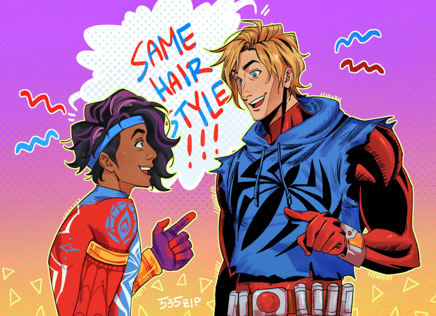 2boys, 535zip, animal_print, ben_reilly, black_hair, blonde_hair, blue_bodysuit, blue_eyes