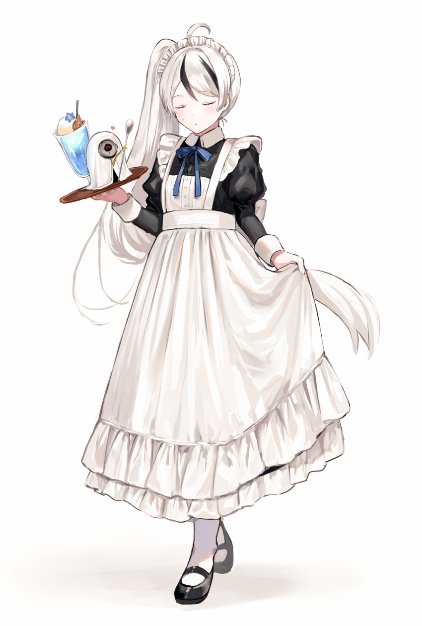 1boy, ahoge, alternate_costume, apron, black_dress, black_footwear, blue_ribbon, closed_eyes