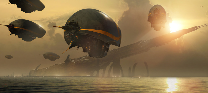 absurdres, alien, choujikuu_yousai_macross, clouds, coldesign, concept_art, dusk, english_commentary
