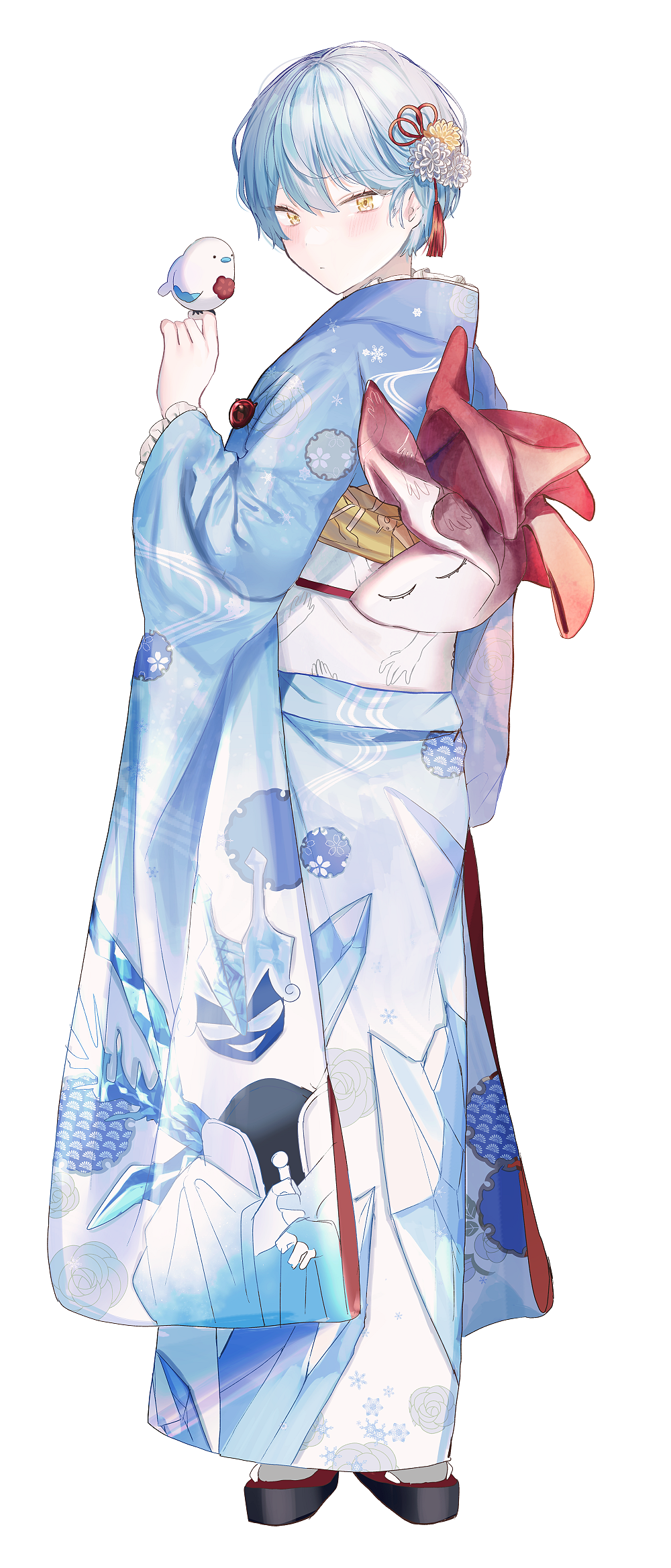 1girl, angela_(project_moon), bird, bird_on_hand, bloodbath_(project_moon), blue_hair, blue_kimono, character_print