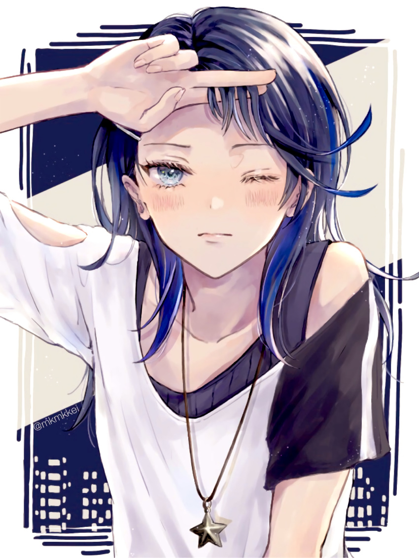 1girl, absurdres, black_hair, blue_hair, blue_sky, blush, closed_mouth, commentary_request