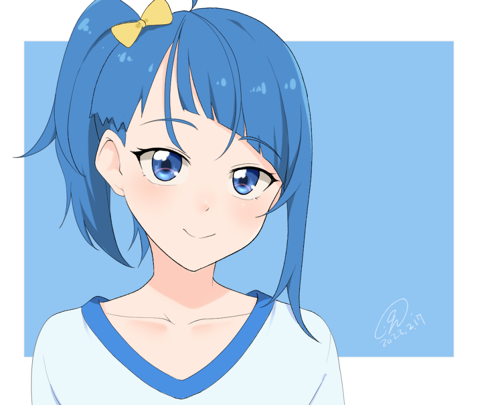 1girl, 9rimson, ahoge, blue_eyes, blue_hair, bow, collarbone, commentary_request