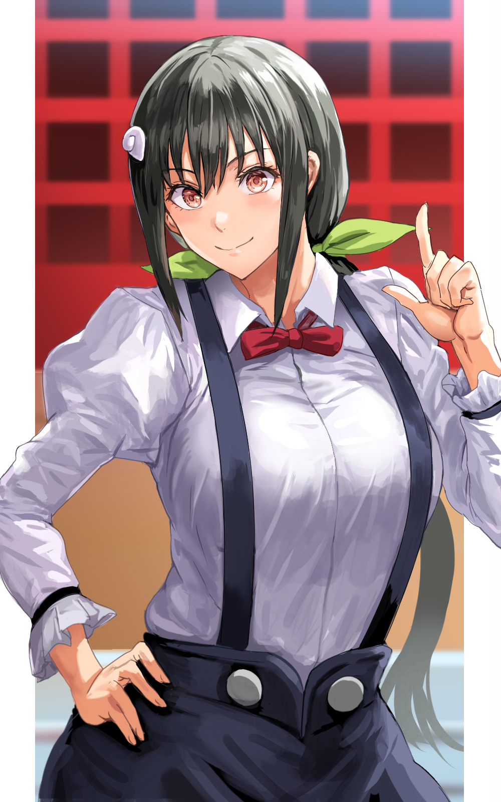 1girl, aged_up, black_hair, black_skirt, blush, bow, bowtie, breasts