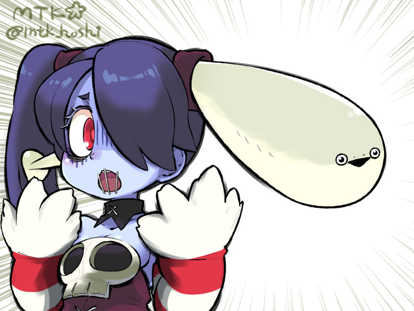 1girl, artist_name, bare_shoulders, blue_hair, blue_skin, breasts, colored_skin, commentary_request, detached_collar, detached_sleeves, emphasis_lines, fish, hair_over_one_eye, hands_up, long_hair, meme, mutsuki_(pixiv116518), open_mouth, red_eyes, sacabambaspis, side_ponytail, simple_background, skull, skullgirls, solo, squigly_(skullgirls), stitched_mouth, stitches, striped, striped_sleeves, surprised, twitter_username, white_background, zombie