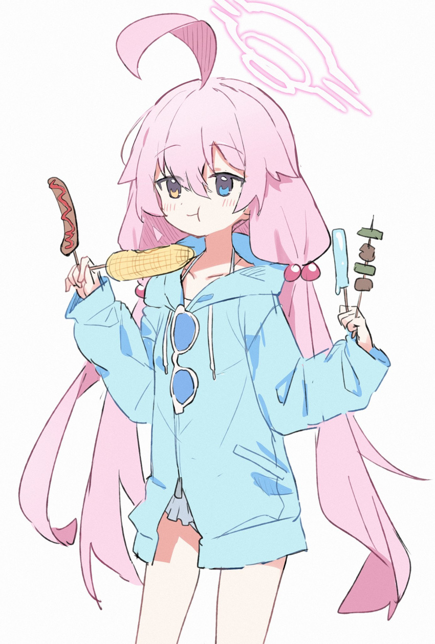 1girl, :t, ahoge, bikini, blue_archive, blue_eyes, blue_jacket, corn, eating, eyewear_on_clothing, food, frilled_bikini, frills, hair_between_eyes, hair_ornament, halo, heterochromia, highres, holding, holding_food, hoshino_(blue_archive), hoshino_(swimsuit)_(blue_archive), hot_dog, jacket, long_hair, official_alternate_costume, pink_hair, popsicle, skewer, solo, sunglasses, swimsuit, twintails, very_long_hair, wagashi928, white_background, white_bikini, yellow_eyes