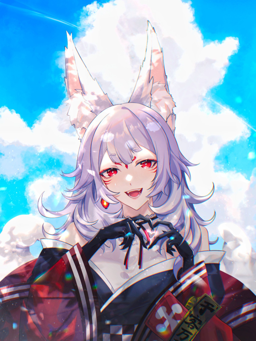 1girl, animal_ear_fluff, animal_ears, black_kimono, commentary, english_commentary, eyeshadow, facial_mark