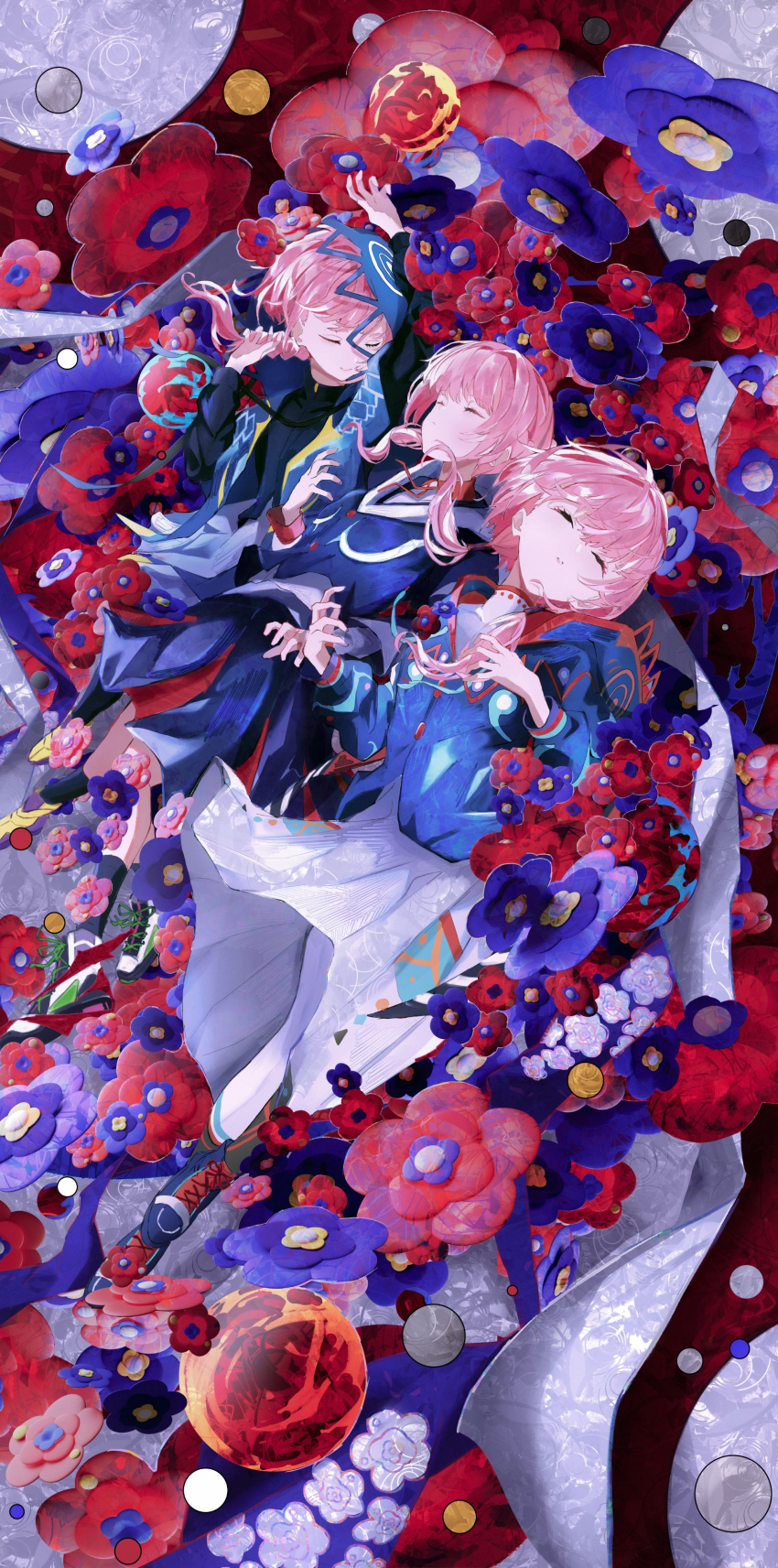 3girls, abstract_background, absurdres, black_socks, blue_flower, blue_jacket, boots, braid