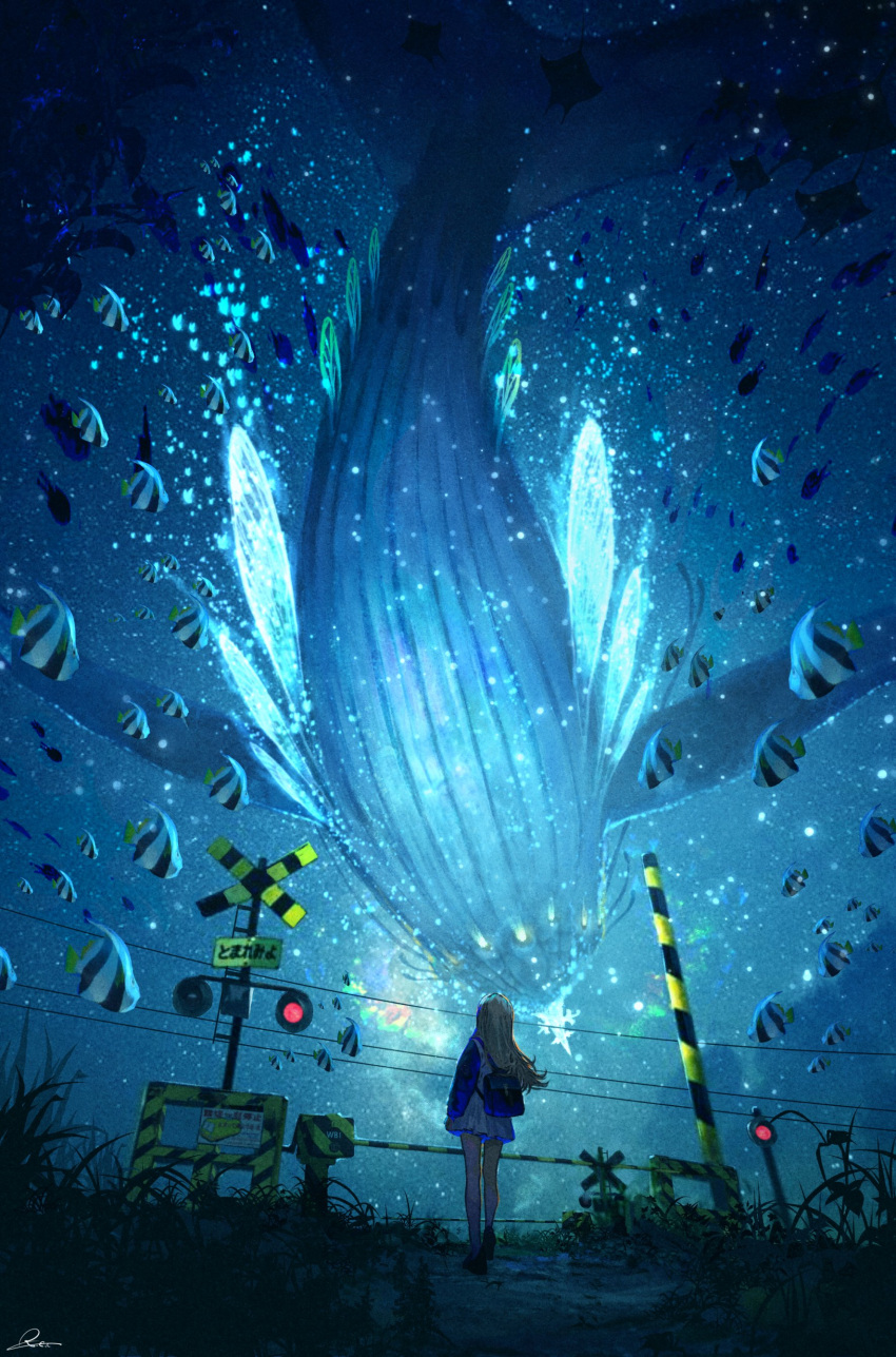 1girl, absurdres, blonde_hair, boom_barrier, butterflyfish, clouds, dirt_road, fish