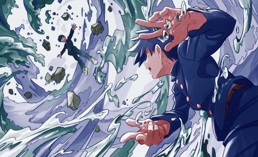 2boys, battle, blue_hair, blue_jacket, blue_pants, blue_theme, brothers, debris, eduroku, floating, from_below, gakuran, glowing, glowing_eyes, green_hair, green_jacket, green_pants, green_theme, highres, hydrokinesis, jacket, kageyama_ritsu, kageyama_shigeo, levitation, long_sleeves, looking_at_another, looking_up, male_focus, mob_psycho_100, multiple_boys, open_mouth, outstretched_arms, pants, psychic, school_uniform, shoes, short_hair, siblings, spread_arms, sweat, water, white_footwear