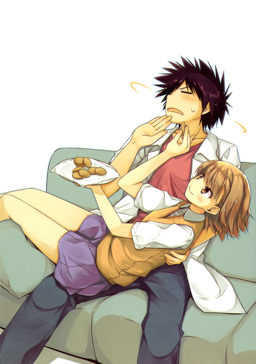black_hair, blonde_hair, blouse, blush, brown_eyes, cookie, couch, cushion