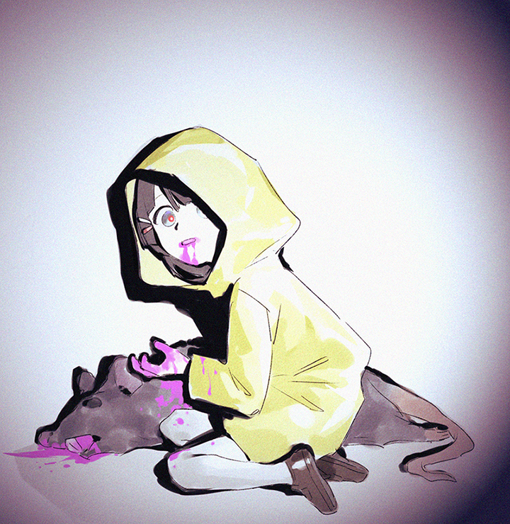 1girl, animal, black_hair, blood, blood_on_clothes, blood_on_face, blood_on_hands, blood_splatter