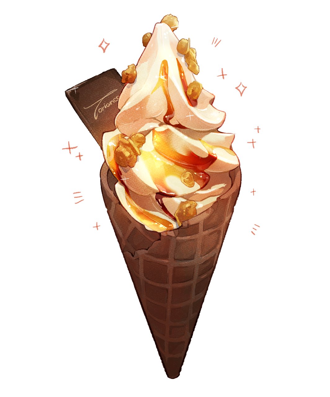caramel, food, food_focus, highres, ice_cream, ice_cream_cone, no_humans, original, signature, simple_background, soft_serve, sparkle, still_life, syrup, torianco3, white_background