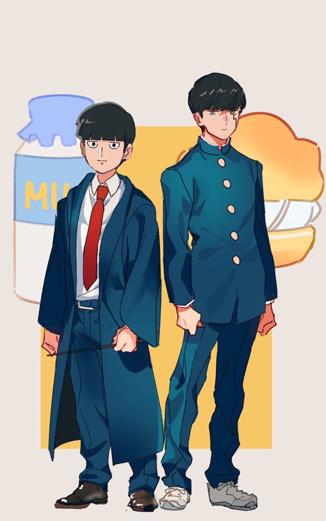2boys, arms_at_sides, black_hair, blunt_bangs, bottle, bowl_cut, coat, cosplay