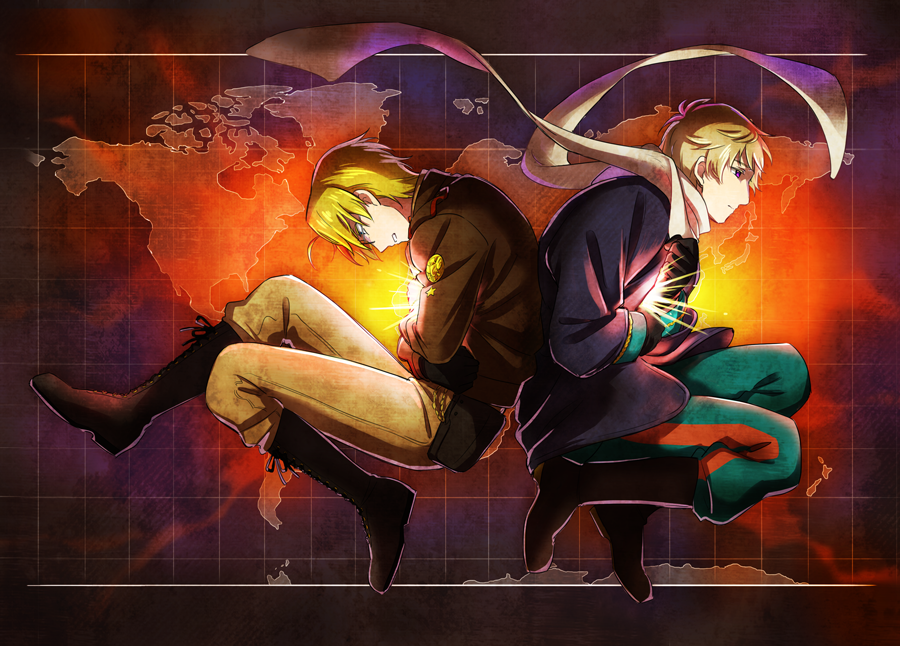 2boys, america_(hetalia), axis_powers_hetalia, back-to-back, belt_pouch, black_footwear, black_gloves, blonde_hair