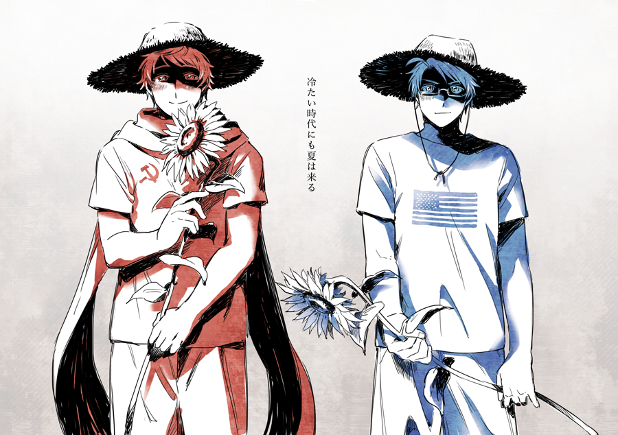 2boys, america_(hetalia), american_flag, axis_powers_hetalia, bare_arms, blue_theme, chin_strap, commentary_request