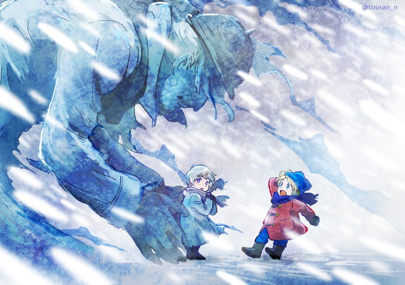 3boys, america_(hetalia), aqua_eyes, axis_powers_hetalia, black_footwear, blonde_hair, blue_headwear, blue_pants