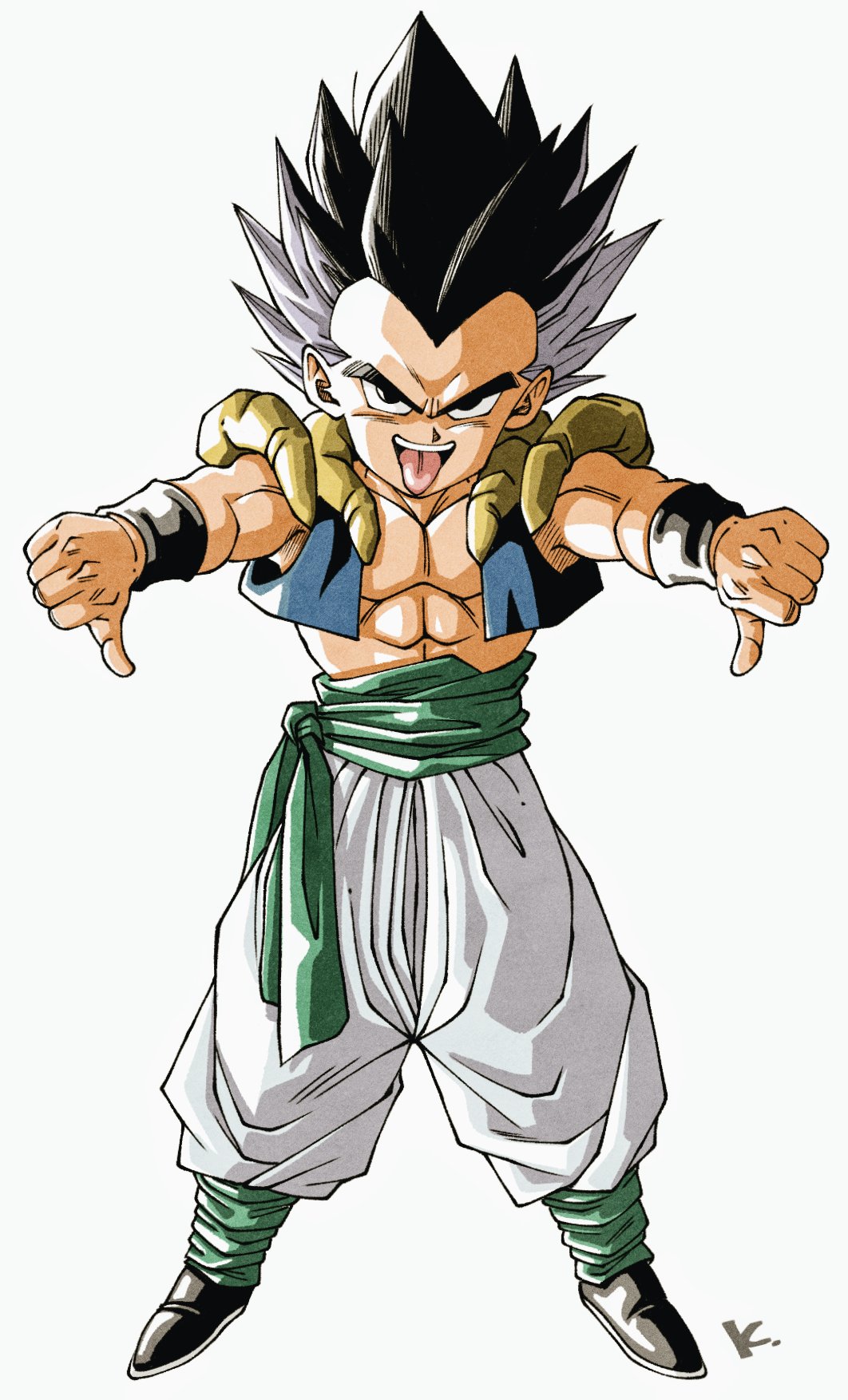 1boy, baggy_pants, black_eyes, black_footwear, black_hair, bracelet, double_thumbs_down, dragon_ball