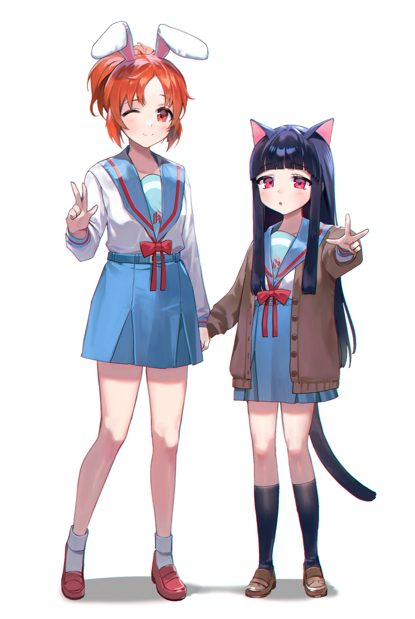 2girls, :o, abe_nana, absurdres, animal_ears, asahina_mikuru, asahina_mikuru_(cosplay), black_hair